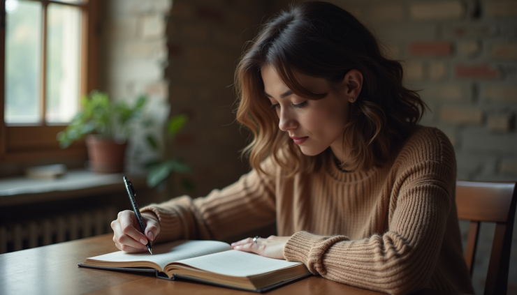 Plano medio de una mujer escribiendo en un diario personal en un espacio tranquilo