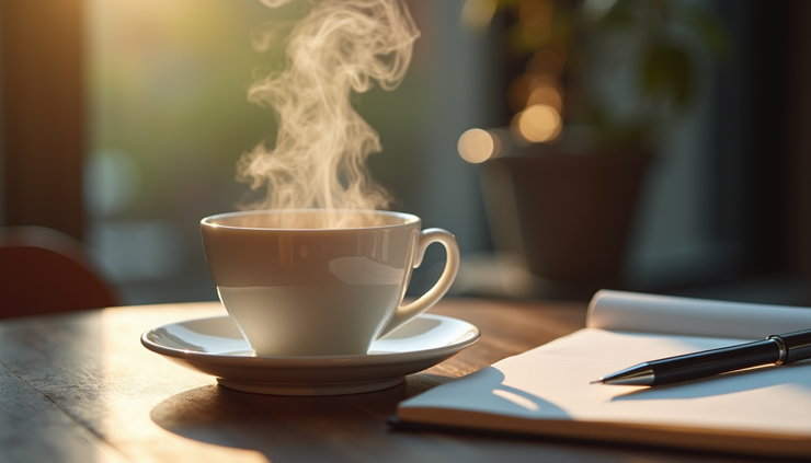 Vista cercana de una taza de té humeante sobre una mesa, con un cuaderno y un bolígrafo al lado