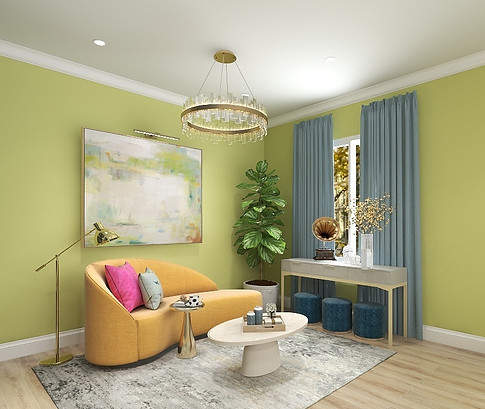 Sitting Area with an orange modern sofa. , gray rug, soft blue curtains and chartreuse wall inspired by a beautiful artwork.