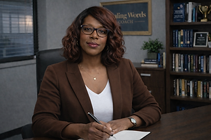 Judy wearing a brown Blazer in office