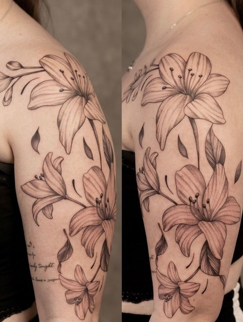 Großflächiges Tattoo auf der Schulter und dem Oberarm einer Frau mit detaillierten Lilienblüten, Blättern und feinen Linienstrukturen, umgesetzt bei Neuanstich nahe Stade.