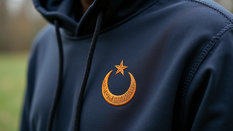 Close-up view of embroidered hoodie detail showing intricate stitching