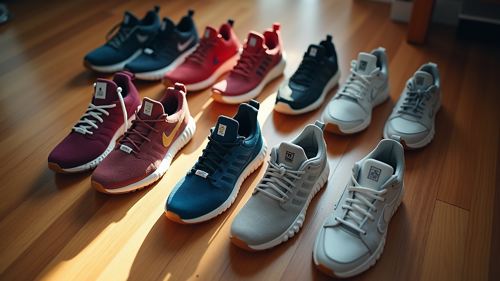High angle view of a sneaker collection arranged on a wooden floor