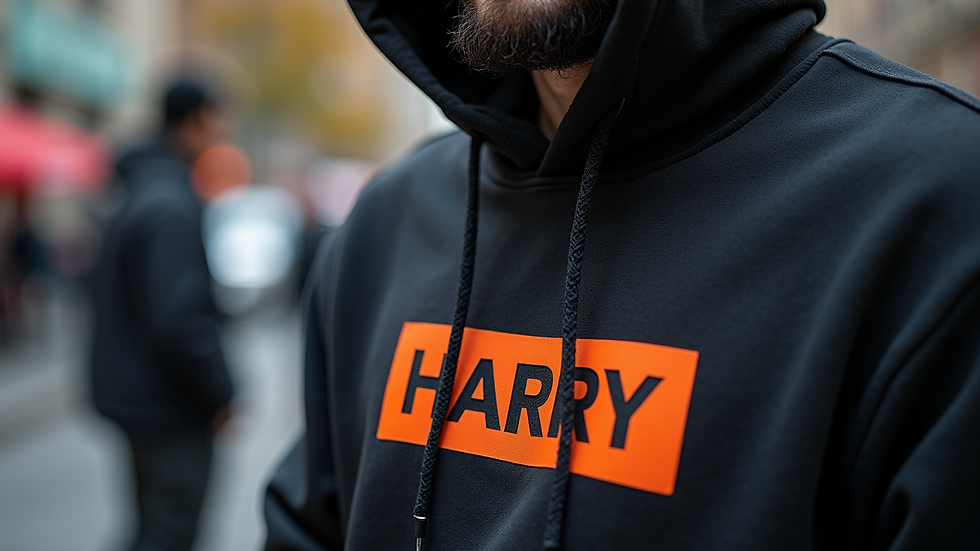 Close-up view of a customized hoodie with a bold graphic design and text
