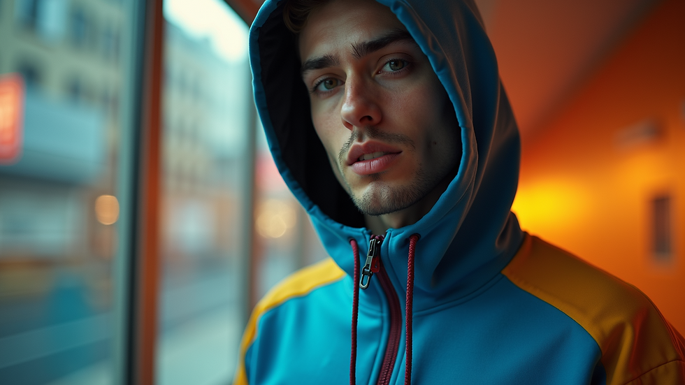 Eye-level view of hoodie with colour-blocked sleeves and custom zipper