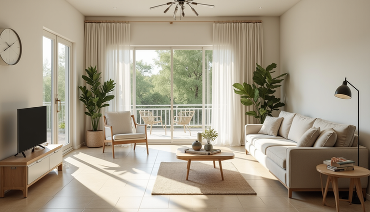 Eye-level view of a spacious Florida living room with large beige tile flooring and natural light