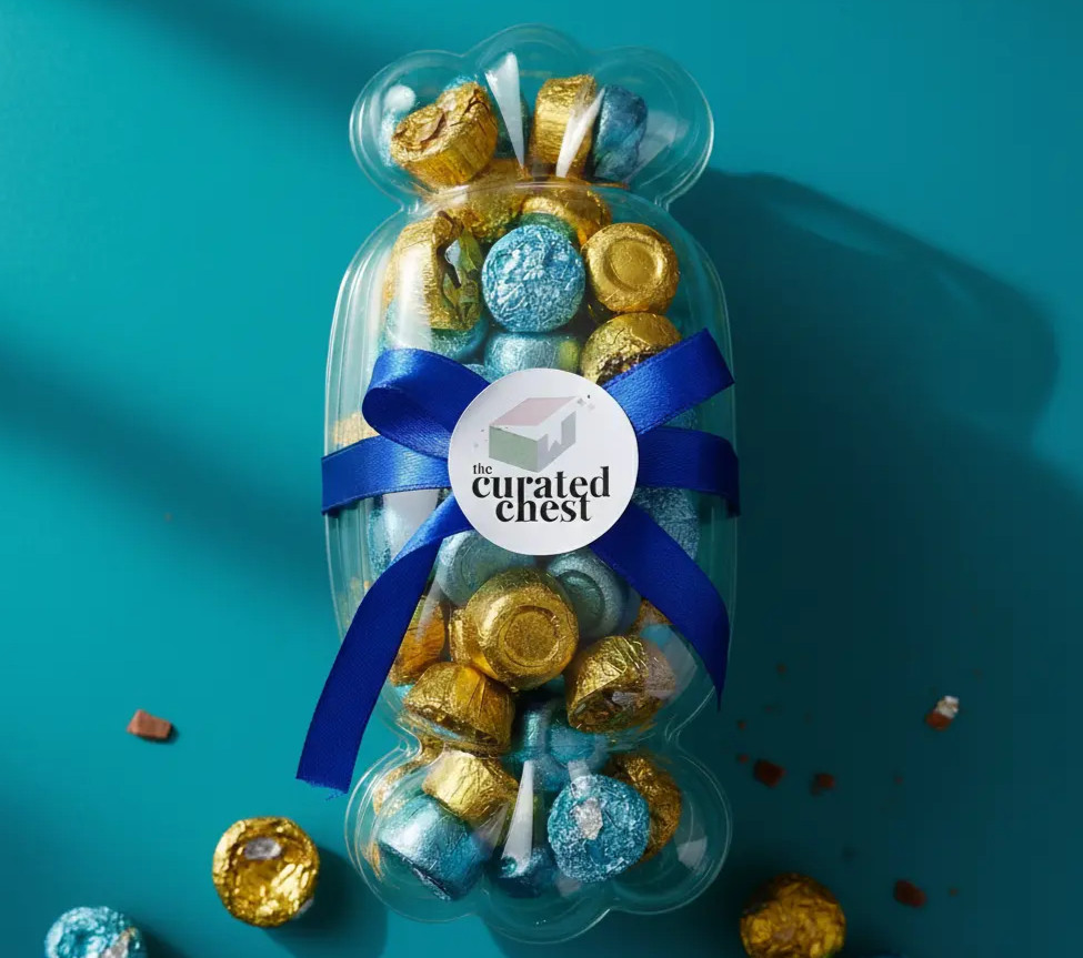 Candy-shaped chocolate gift hamper packed with gold and aqua foil-wrapped chocolates, tied with a blue ribbon, displayed on a teal background.