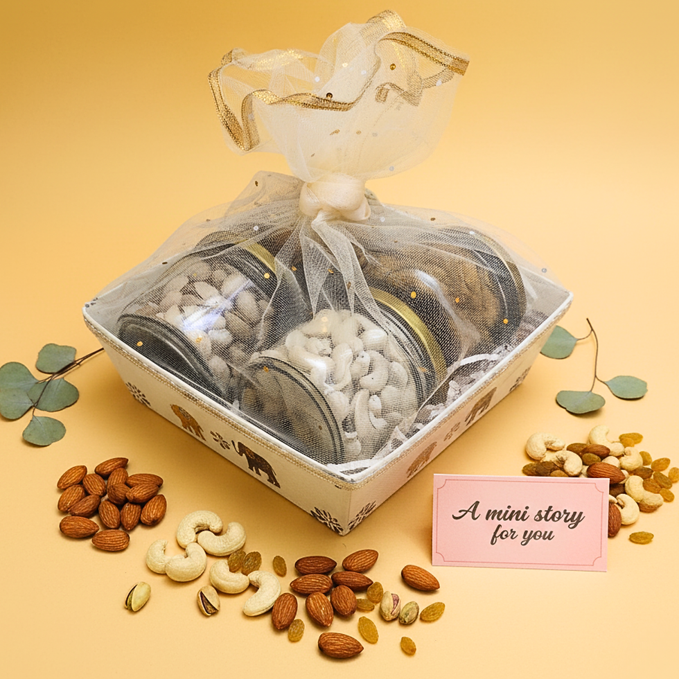 Classic Quad Jar Set (800g) — four elegant glass jars with premium dry fruits in a stylish gift basket for festive gifting.
