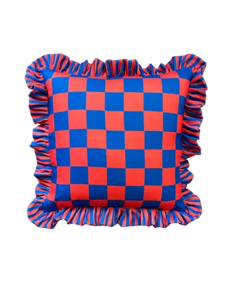 Bright blue and orange checkered print cushion