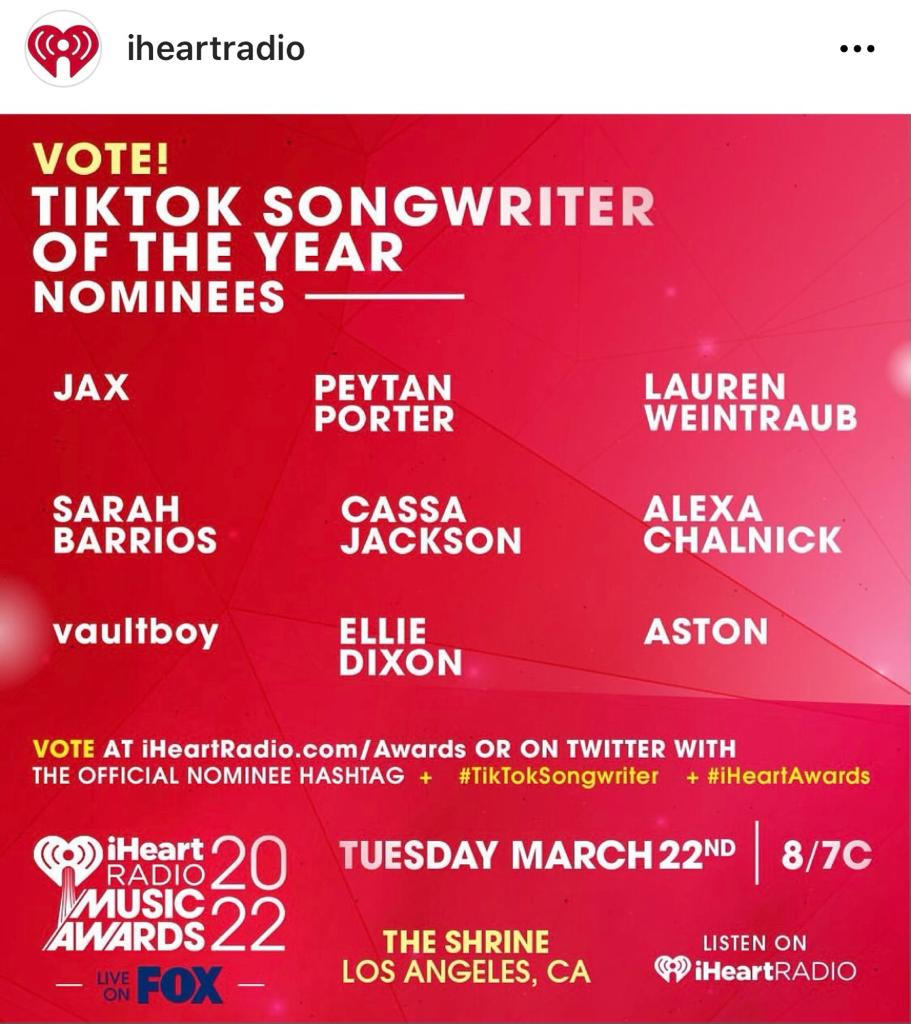 Sarah Barrios and vaultboy nominated for TikTok songwriter of the year at the iHeartRadio Awards — Fast Friends
