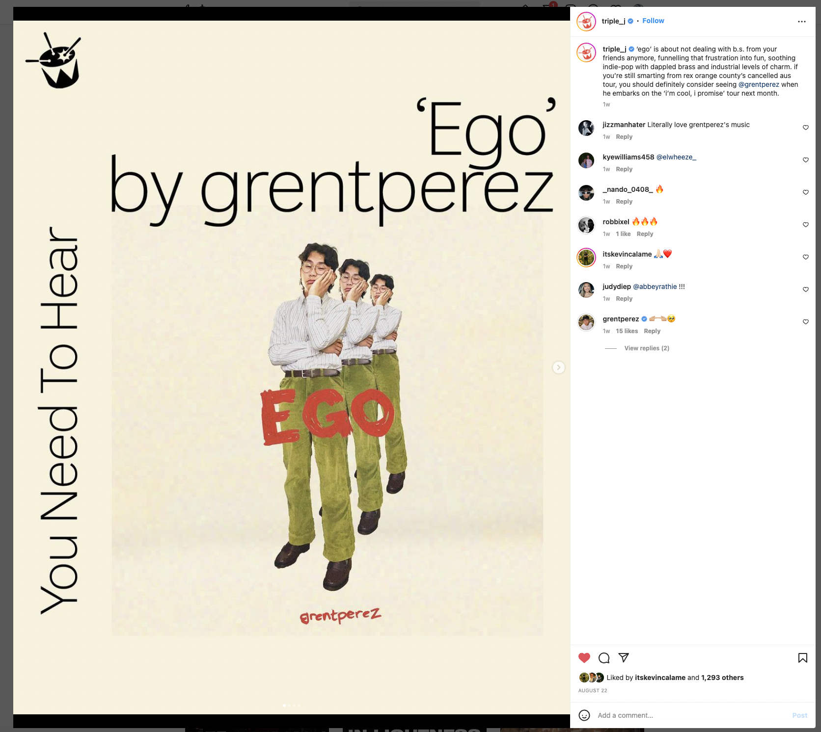 Triple J adds "Ego" to their playlist and shines a spotlight on the record on their Instagram page — Fast Friends