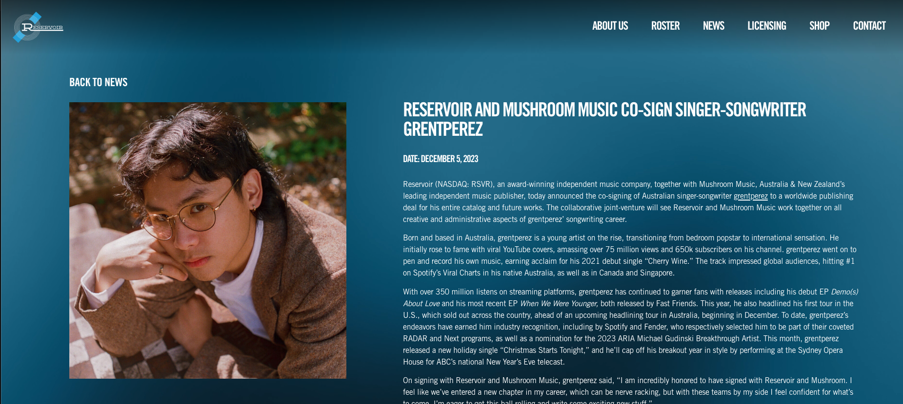 grentperez signs worldwide publishing deal with Reservoir and Mushroom Music — Fast Friends