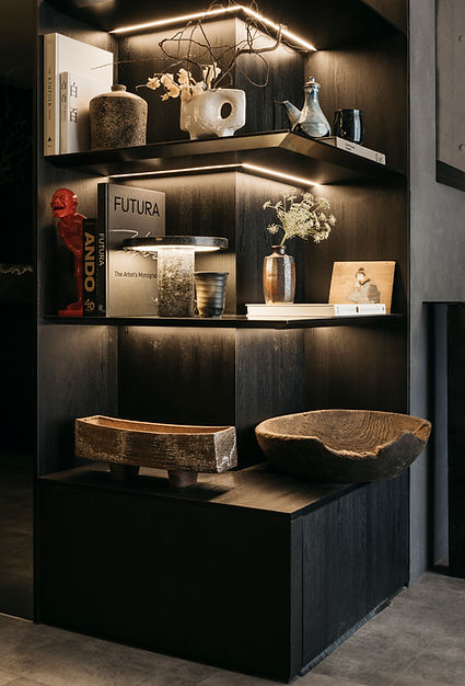 Dark Japanese interior design by Studio Metanoia, showcasing contemporary elements in a Singapore condominium