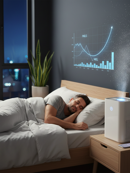 A man sleeping peacefully in a modern bedroom at night with an air purifier beside the bed releasing clean air, while a holographic chart displays PM2.5 levels and air-quality data on the wall.