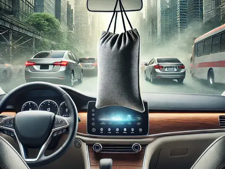 A hyper-realistic image of a car interior featuring a natural air purifier hanging from the rearview mirror. The purifier is a premium bamboo charcoal bag with a visible texture and branding, emphasizing its eco-friendly nature. The car has a sleek design with a high-end dashboard and leather seats. Outside the windshield, a heavily polluted cityscape is visible, with thick smog, traffic congestion, and blurred high-rise buildings, highlighting the contrast between the fresh air inside the car and the hazardous environment outside.
