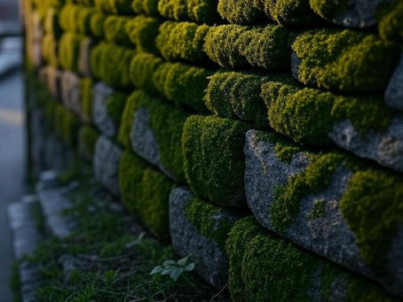 A vibrant patch of green moss growing on an urban concrete surface, highlighting its natural beauty and resilience. The moss appears lush and thriving, symbolizing its role in air purification and sustainable city living.