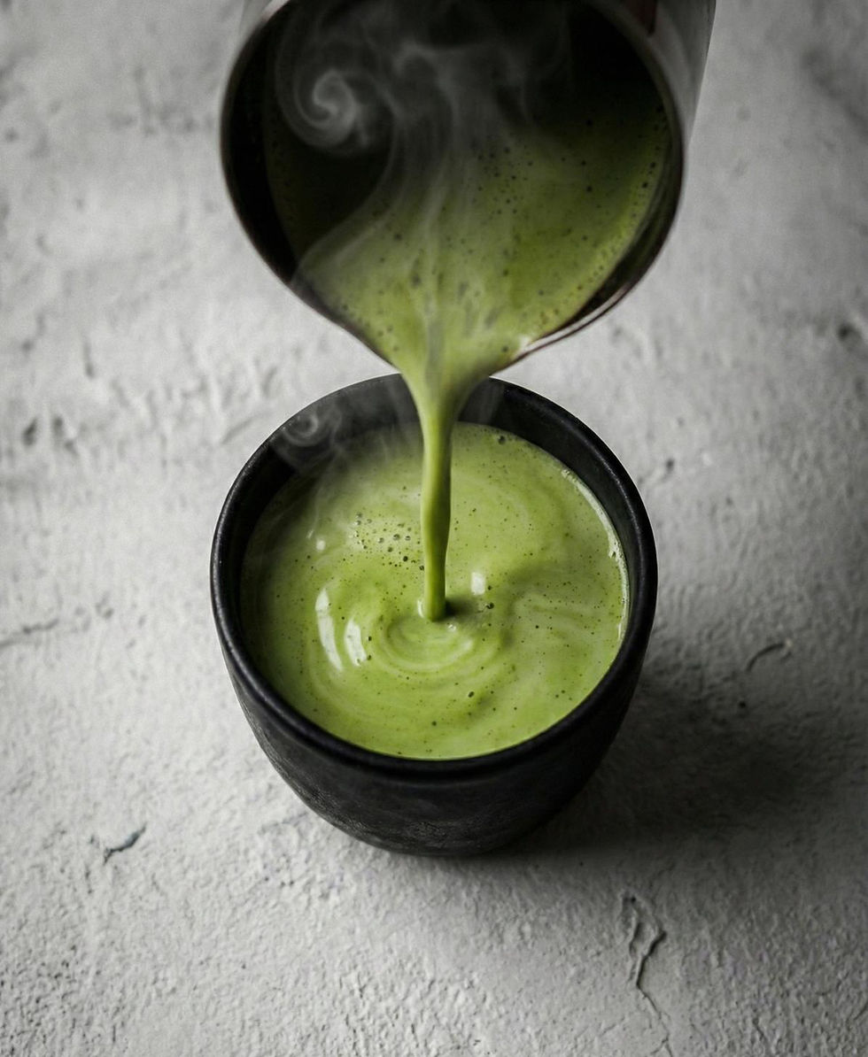 Cardamom matcha latte poured into a ceramic cup, a grounding coffee alternative for calm focus and hormone support
