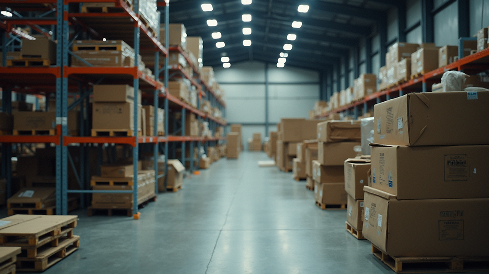 Eye-level view of industrial warehouse with surplus equipment stacked neatly