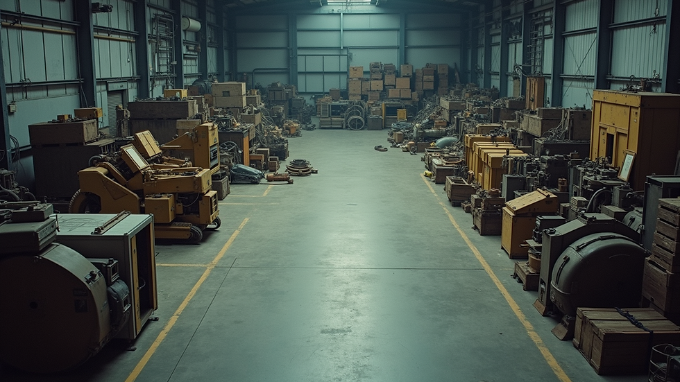 High angle view of industrial warehouse with surplus machinery stored