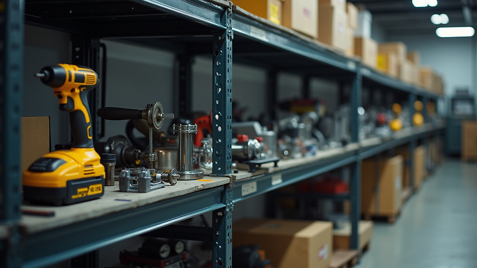 High angle view of industrial tools neatly stored on adjustable shelving