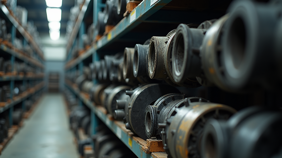 Close-up view of industrial machinery parts stacked in storage