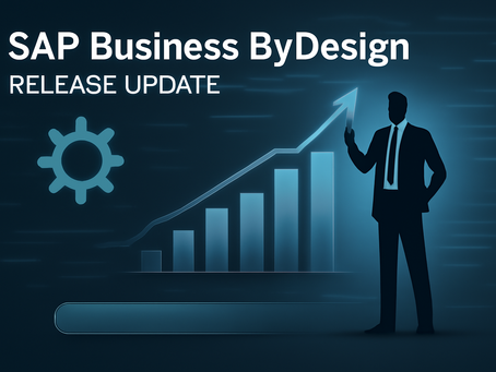 Image shows SAP Business ByDesign Release Update with a background showing a blue graph showing upwards trend with a man pointing at it.