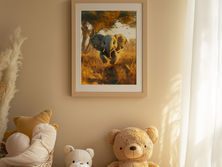 Affiche d'un bébé éléphant encadré dans une chambre au teinte beige neutre et douce