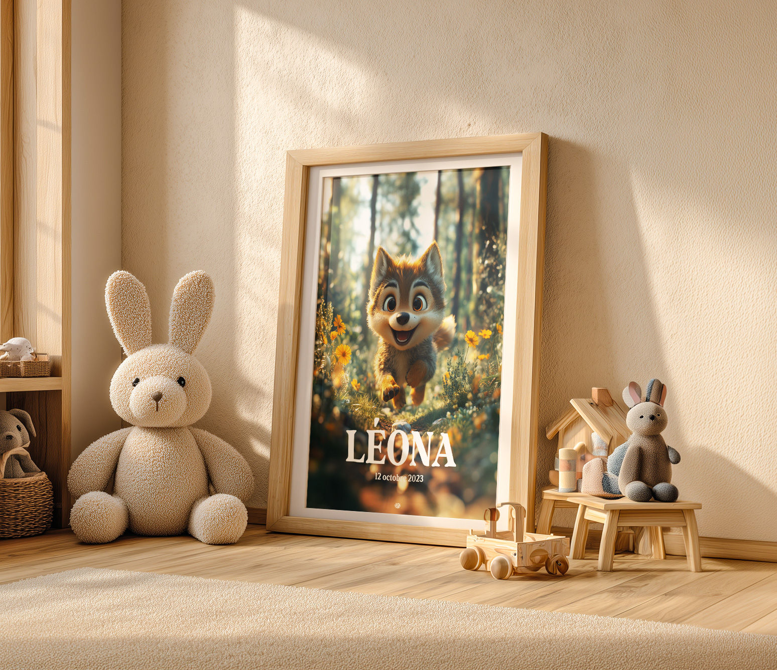 Affiche personnalisée animaux de la forêt pour chambre d'enfant - Loup wolf Personnalisable A5 A4 A3 30x30 40x50