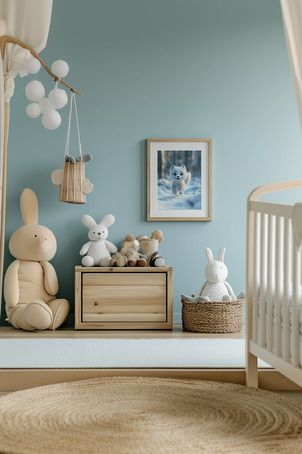 chambre de bébé bleu avec une affiche de renard polaire