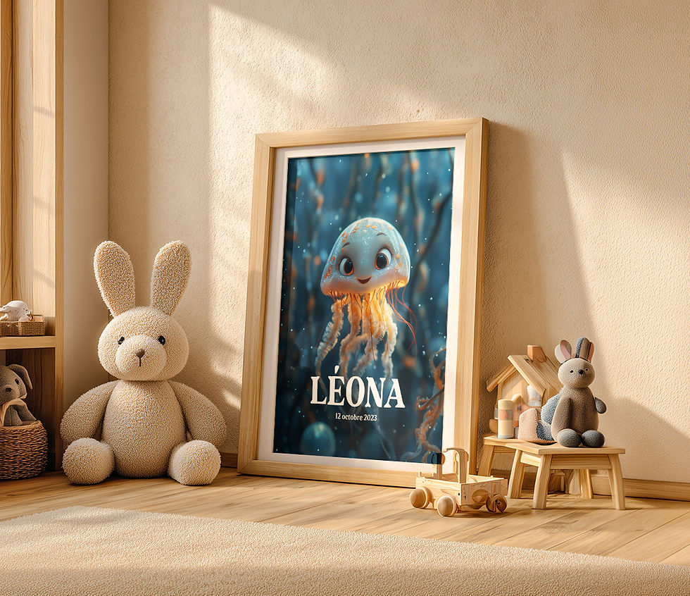 Affiche décorative Méduse pour chambre d'enfant, illustration douce animaux de la mer, style enfant A3 30x30 40x50