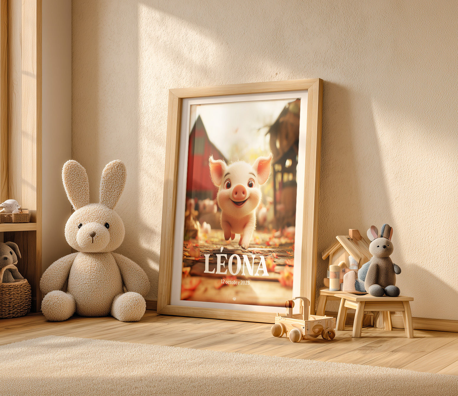 Affiche personnalisée animaux de la ferme pour chambre d'enfant - Cochon Personnalisable A5 A4 A3 30x30 40x50