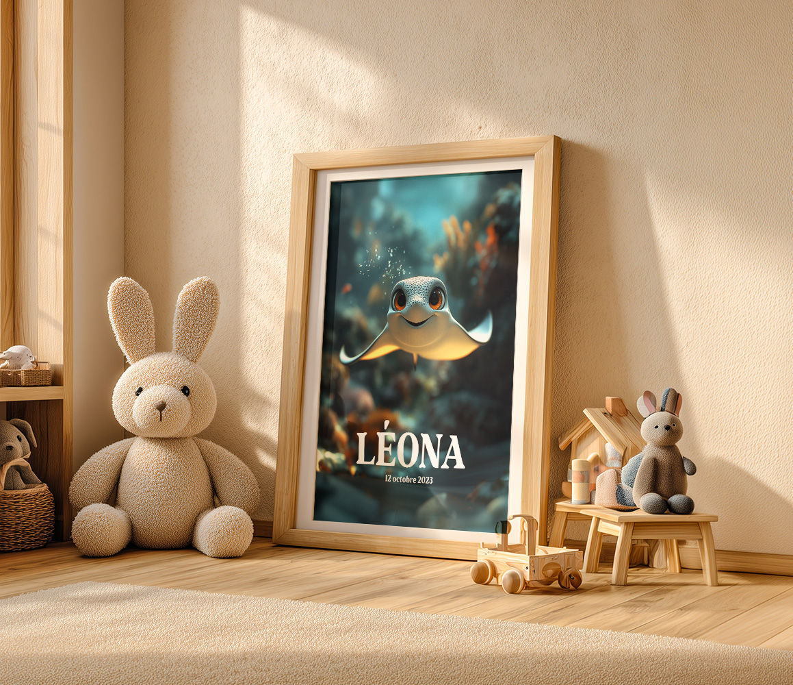 Affiche décorative raie pour chambre d'enfant, illustration douce animaux de la mer, style enfant A3 30x30 40x50