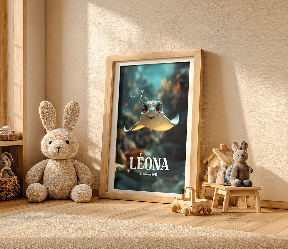 Affiche décorative raie pour chambre d'enfant, illustration douce animaux de la mer, style enfant A3 30x30 40x50