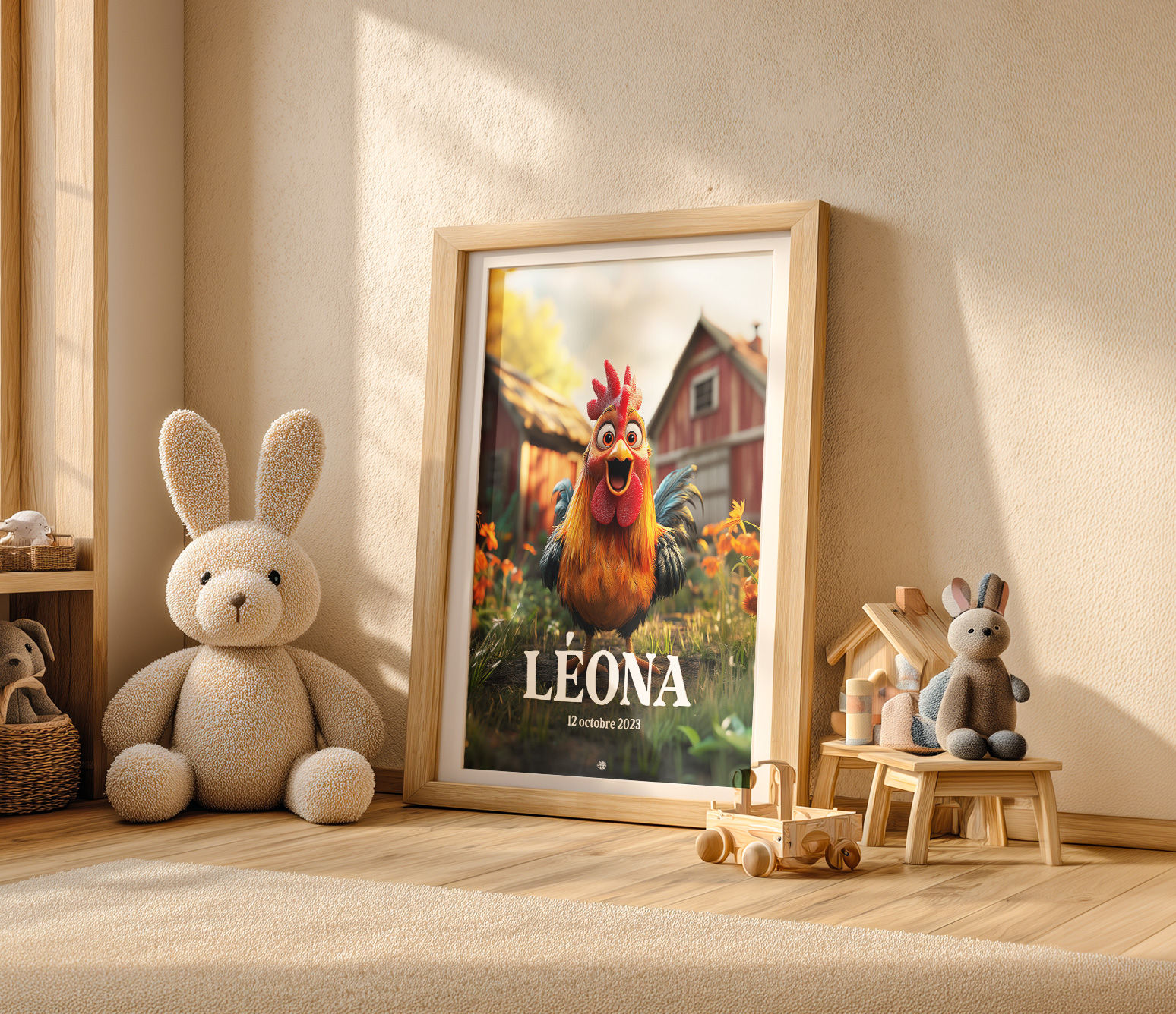 Affiche personnalisée animaux de la ferme pour chambre d'enfant - Coq Personnalisable A5 A4 A3 30x30 40x50