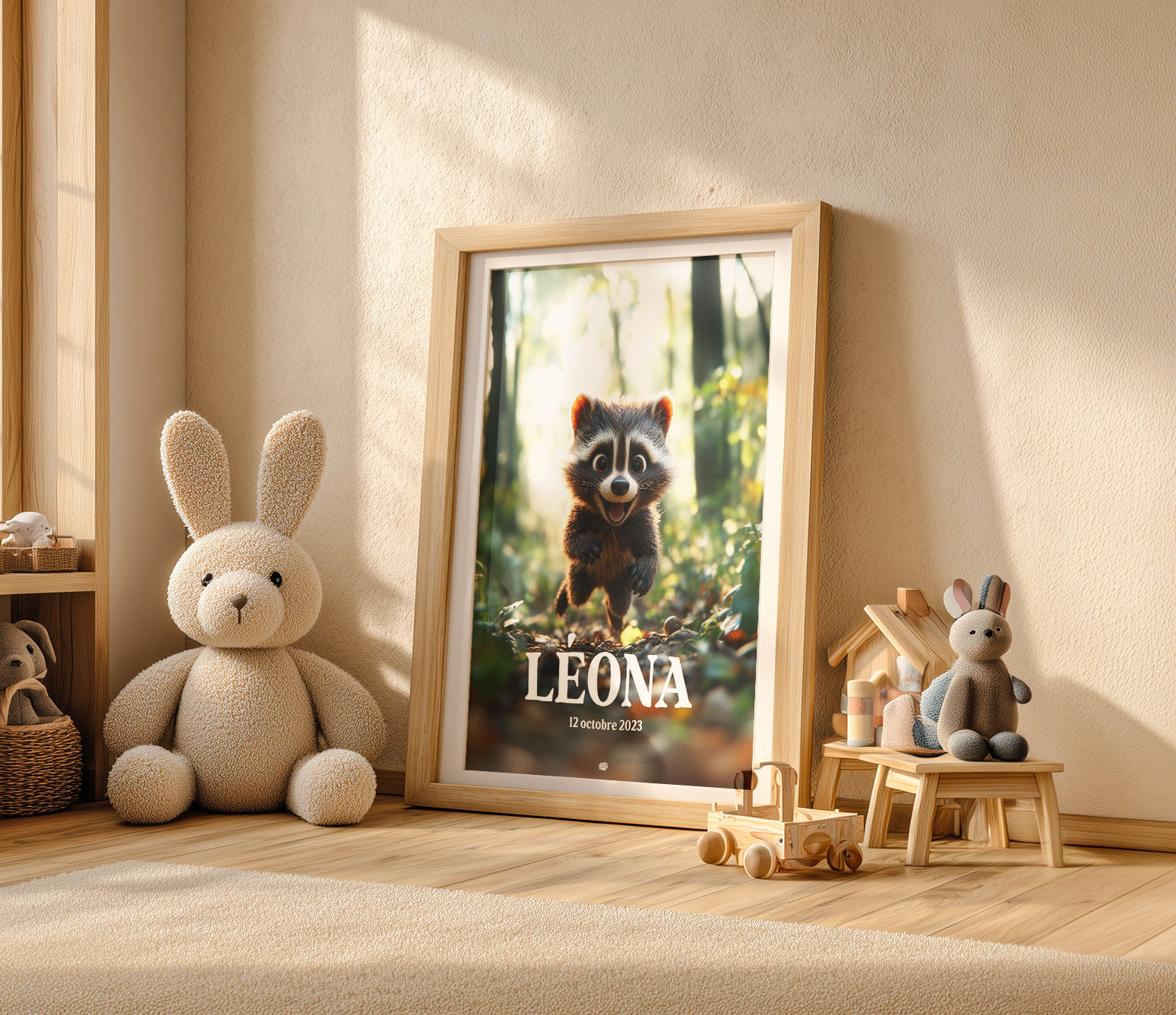 Affiche personnalisée animaux de la forêt pour chambre d'enfant - Raton Laveur Personnalisable A5 A4 A3 30x30 40x50