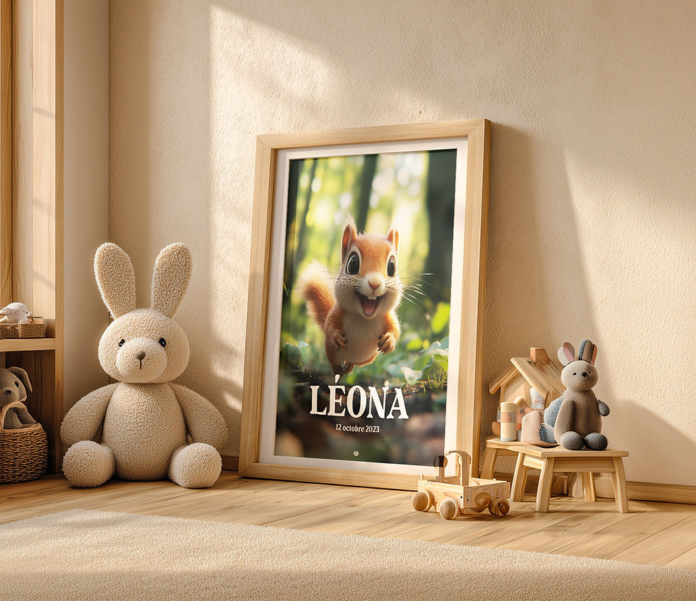 Affiche personnalisée animaux de la forêt pour chambre d'enfant - Écureuil Personnalisable A5 A4 A3 30x30 40x50