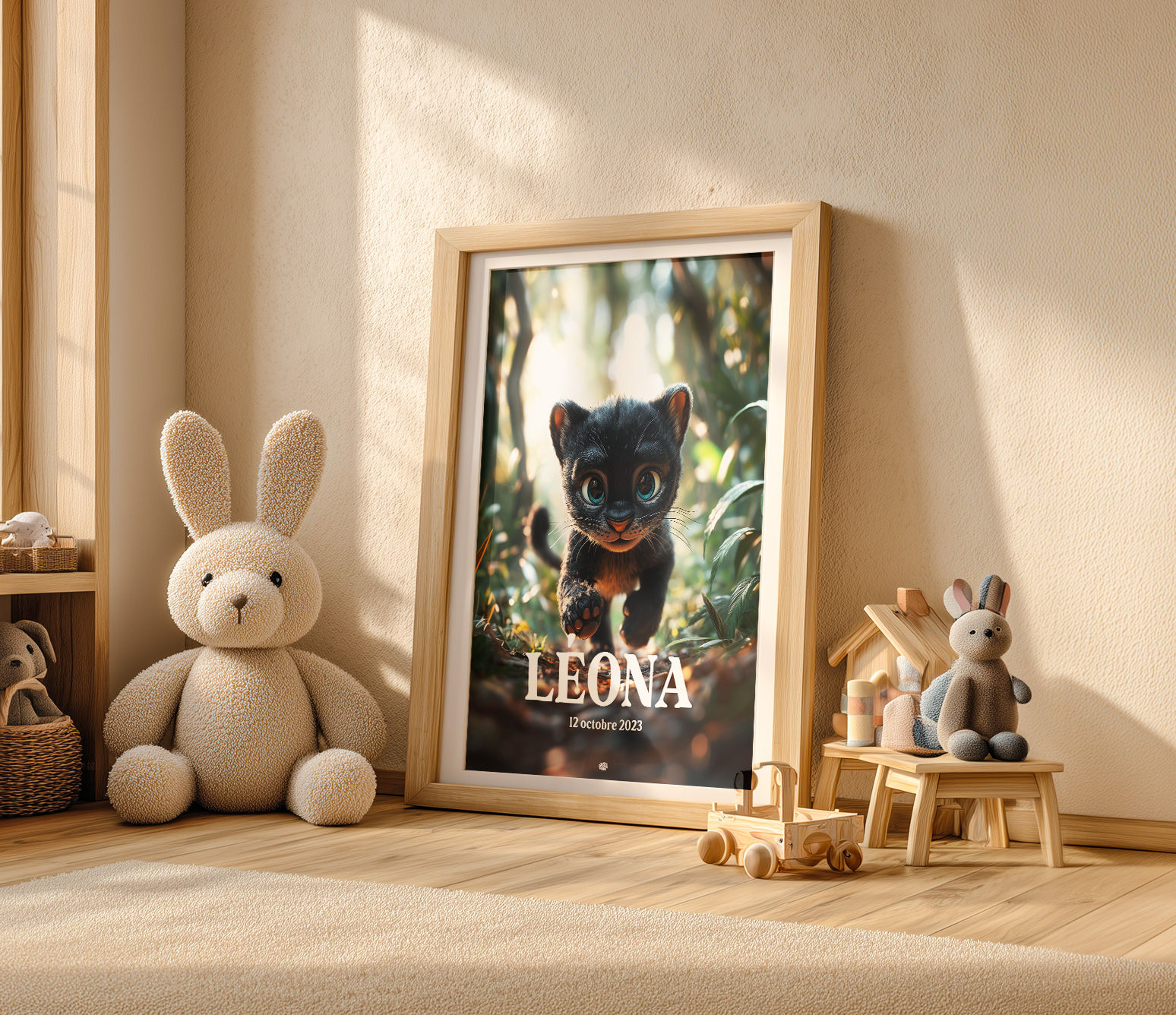 Affiche personnalisée animaux de la jungle pour chambre d'enfant - Panthère noire Personnalisable A5 A4 A3 30x30 40x50