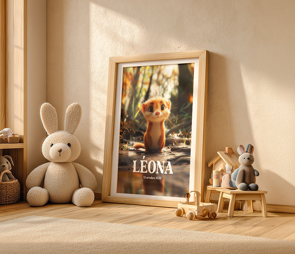 Affiche décorative Belette pour chambre de bébé, animaux de la rivière, illustration douce encadrée, style enfant