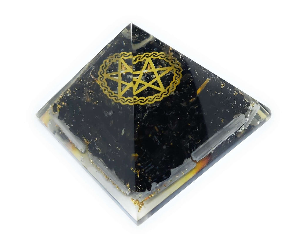 Thumbnail: Natural black tourmaline and selenite rough stone pyramid 