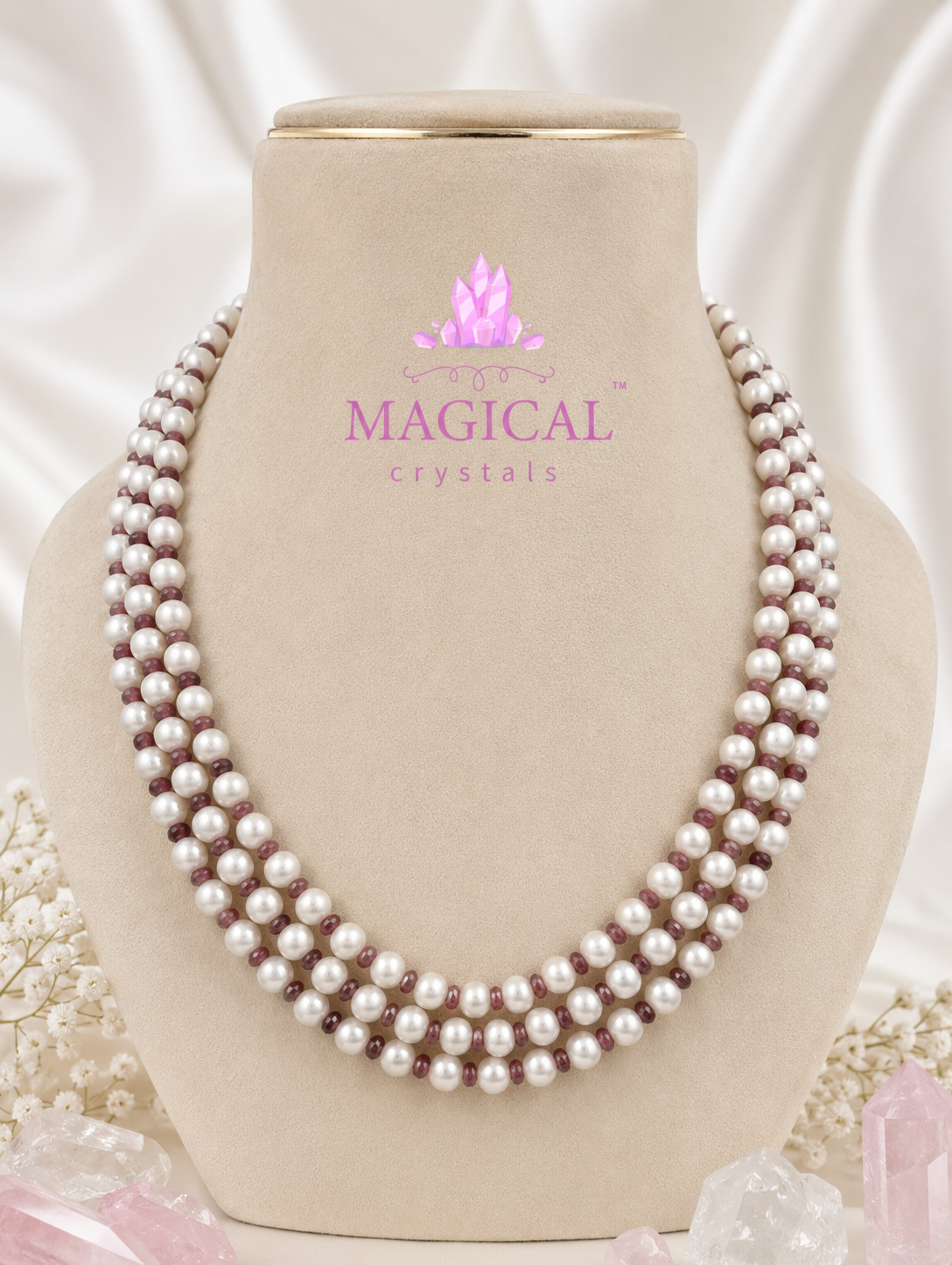 Natural Freshwater Pearl & Ruby Multi-Layer Necklace