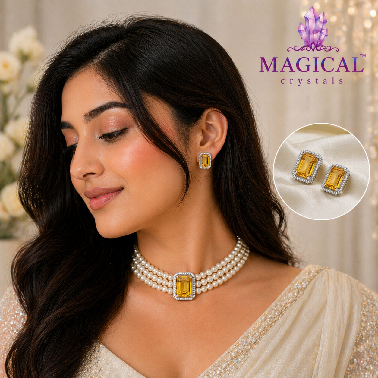 Citrine Freshwater Pearl Choker with 925 Silver Pendant & Earrings