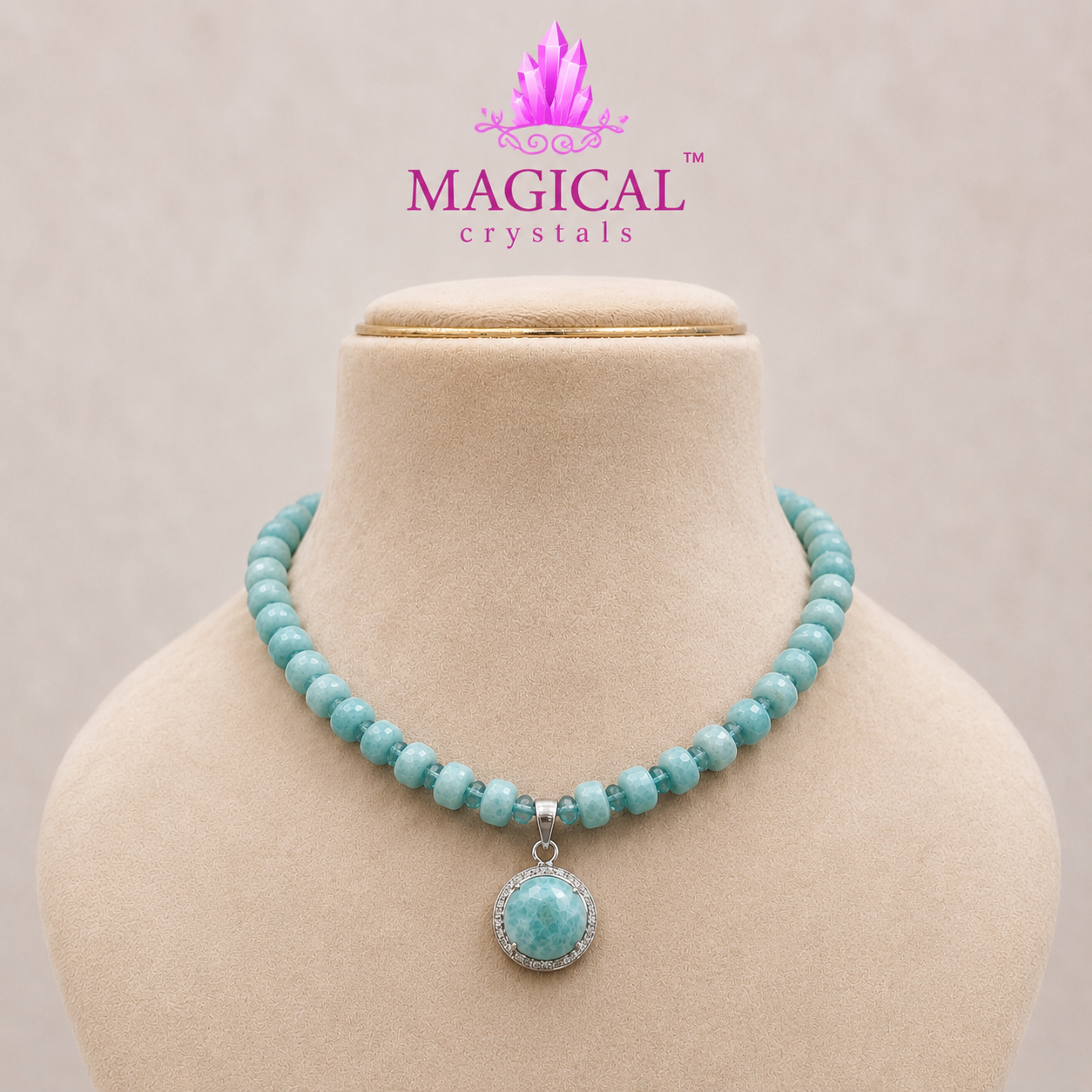 Natural Amazonite Beaded Necklace with 925 Silver Amazonite Pendant