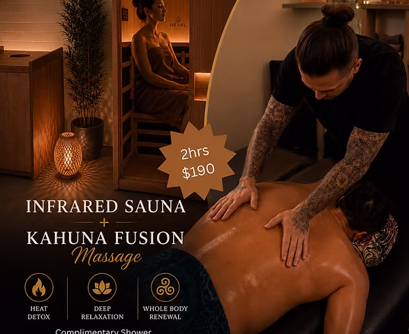 The image shows an Infrared Sauna and Lomi Lomi Fusion session.