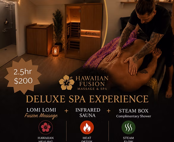 The image shows a Lomi Lomi Fusion and Steam treatment session.
