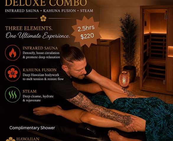 The image shows a Sauna, Kahuna Fusion, and Steam experience.