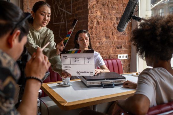 Film crew in action at a cafe; woman with clapper board, others around a table with a briefcase, camera and mic visible, red brick wall.