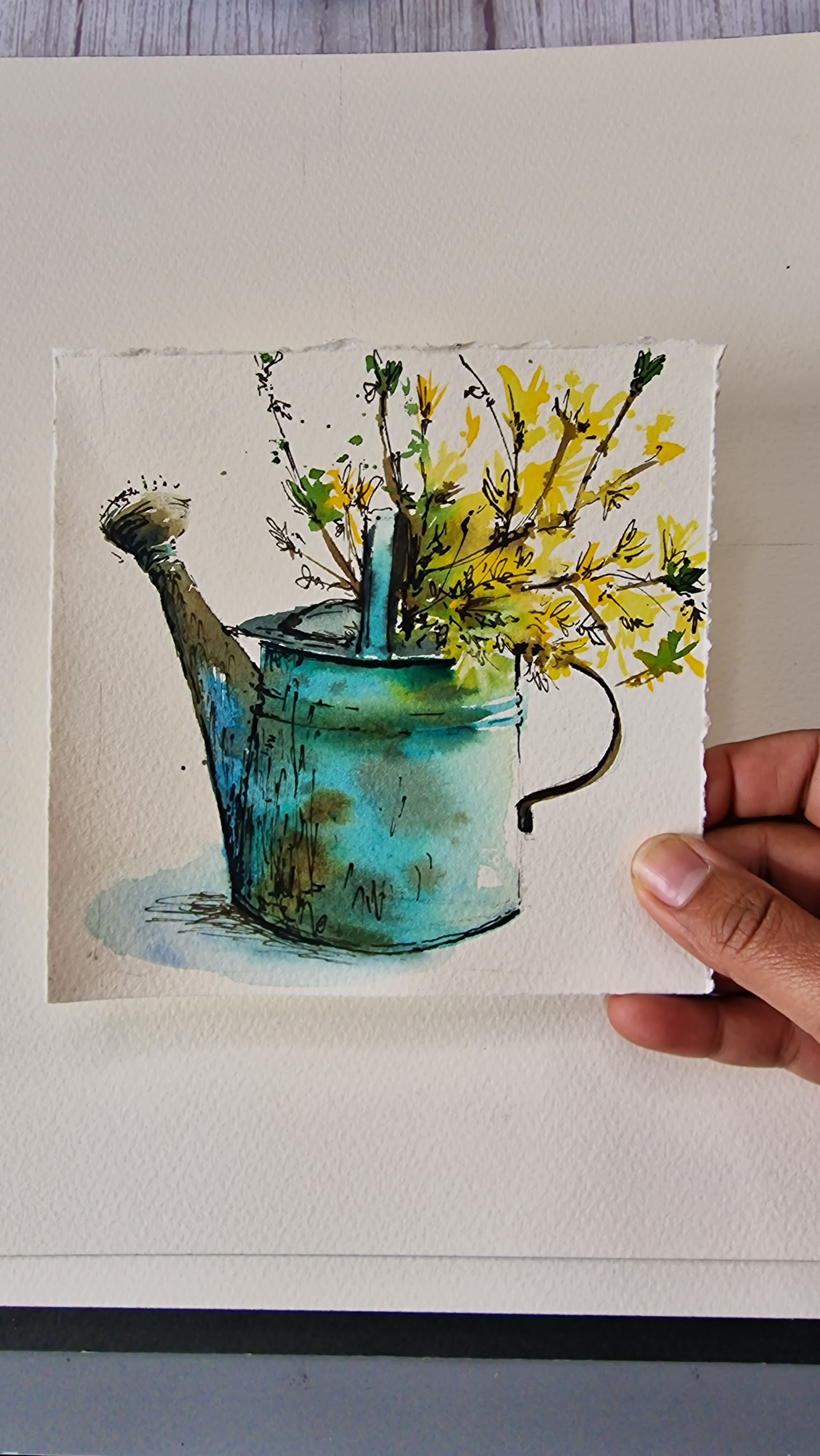 Original Watercolour Mini Floral painting - Flowers in a watering can