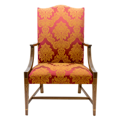 Lolling chair in walnut with decorative stringing and red and gold damask upholstery
