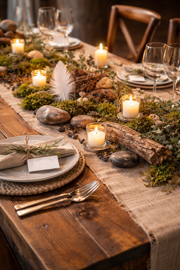stůl dekorovaný mechem, kameny a dřevem