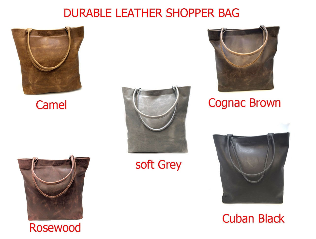 Durable leather Shopper Tote bag, 5 elegant colours